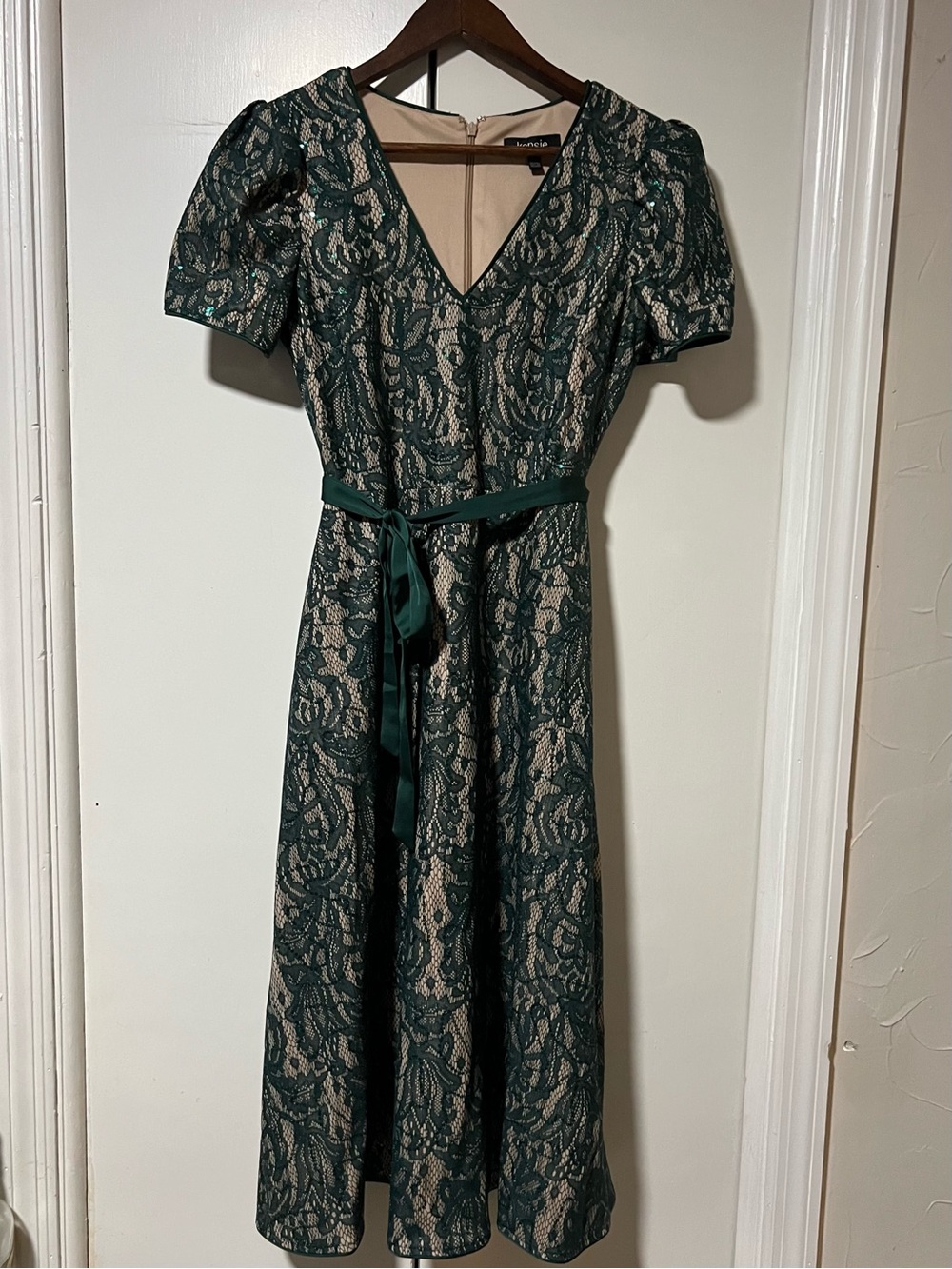 Kensie Dark Green Lace-Overlay Midi Dress with Satin Sash